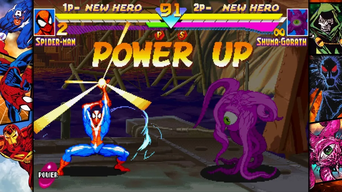 MARVEL vs. CAPCOM Fighting Collection - Spider man holds a shining gem over his head while Shuma Gorath watches.